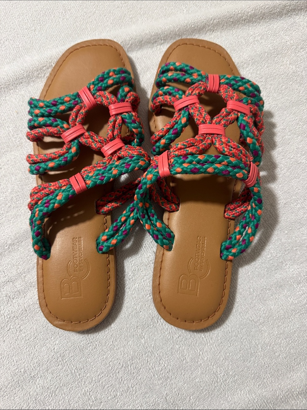 Seychelles Braided Slide Sandals in Green & Coral with Tan Footbed